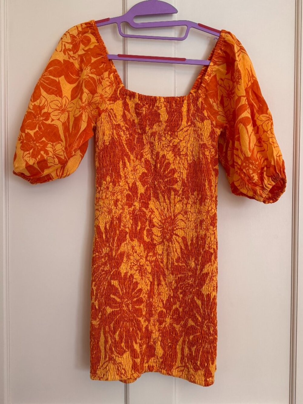 Faithful The Brand Luana Mini Dress Orange Yellow Floral Smocked Linen Sz Small